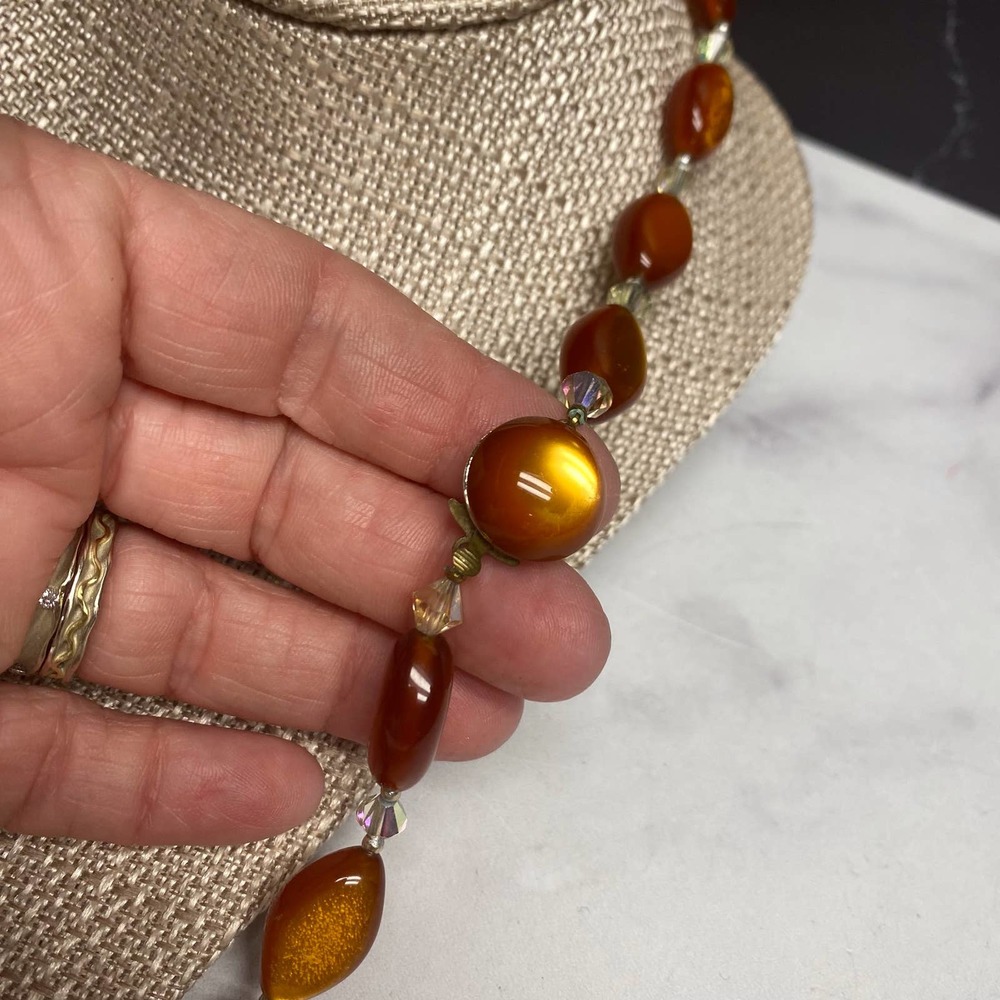 Honey colored moonglow bead vintage necklace approx 24”